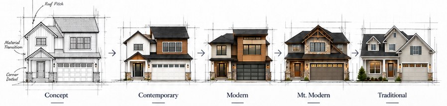 One plan shown in five elevation styles: Concept, Contemporary, Modern, Mountain Modern and Traditional